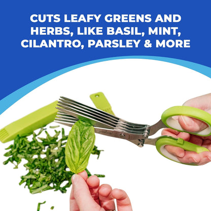 5-Blade Herb Scissors, Stainless Steel Kitchen Shears, Green | Cut & chop fresh herbs & leafy greens efficiently. Perfect salad scissors. Includes cleaning comb & safety cover.