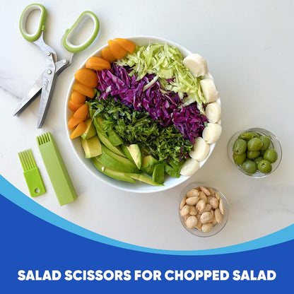 5-Blade Herb Scissors, Stainless Steel Kitchen Shears, Green | Cut & chop fresh herbs & leafy greens efficiently. Perfect salad scissors. Includes cleaning comb & safety cover.