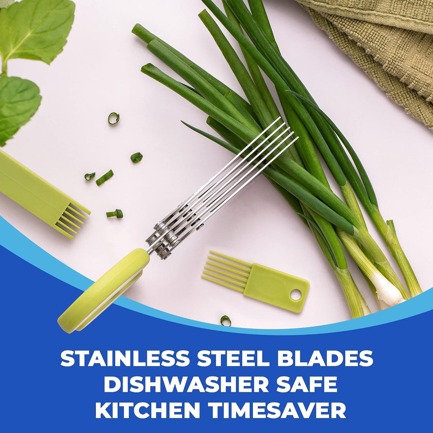 5-Blade Herb Scissors, Stainless Steel Kitchen Shears, Green | Cut & chop fresh herbs & leafy greens efficiently. Perfect salad scissors. Includes cleaning comb & safety cover.