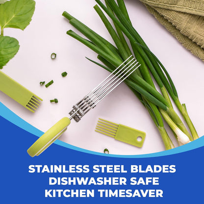 5-Blade Herb Scissors, Stainless Steel Kitchen Shears, Green | Cut & chop fresh herbs & leafy greens efficiently. Perfect salad scissors. Includes cleaning comb & safety cover.