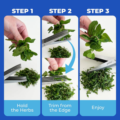 5-Blade Herb Scissors, Stainless Steel Kitchen Shears, Green | Cut & chop fresh herbs & leafy greens efficiently. Perfect salad scissors. Includes cleaning comb & safety cover.