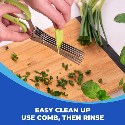 5-Blade Herb Scissors, Stainless Steel Kitchen Shears, Green | Cut & chop fresh herbs & leafy greens efficiently. Perfect salad scissors. Includes cleaning comb & safety cover.