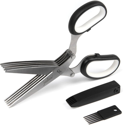 5-Blade Herb Scissors, Stainless Steel Kitchen Shears, Green | Cut & chop fresh herbs & leafy greens efficiently. Perfect salad scissors. Includes cleaning comb & safety cover.