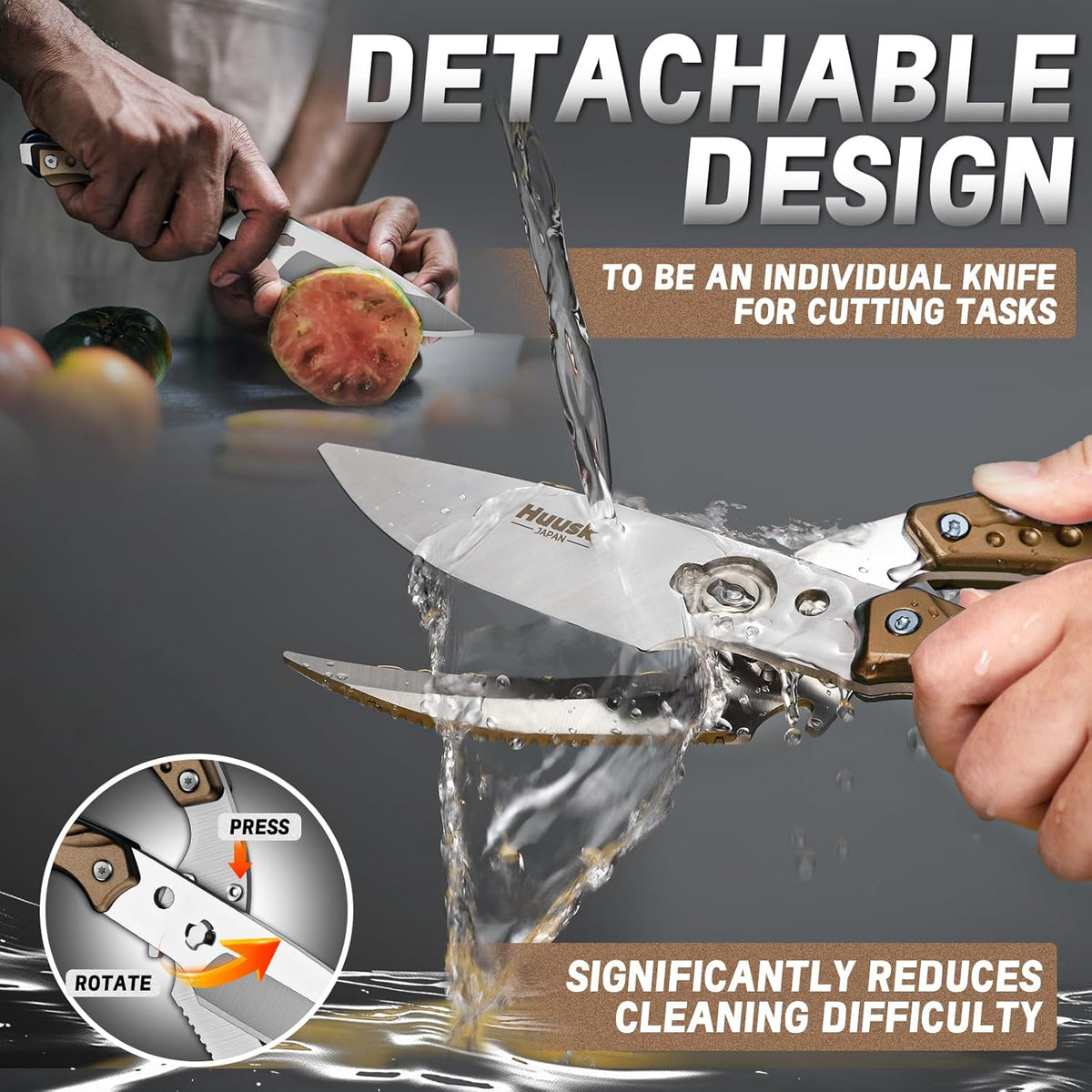 Huusk Kitchen Scissor for Food Detachable Heavy Duty Poultry Shear - Bronze | Ergonomic, Serrated Edge Scalping Fish, Multi-purpose for Cutting Meat, Chicken, Fish & Vegetables