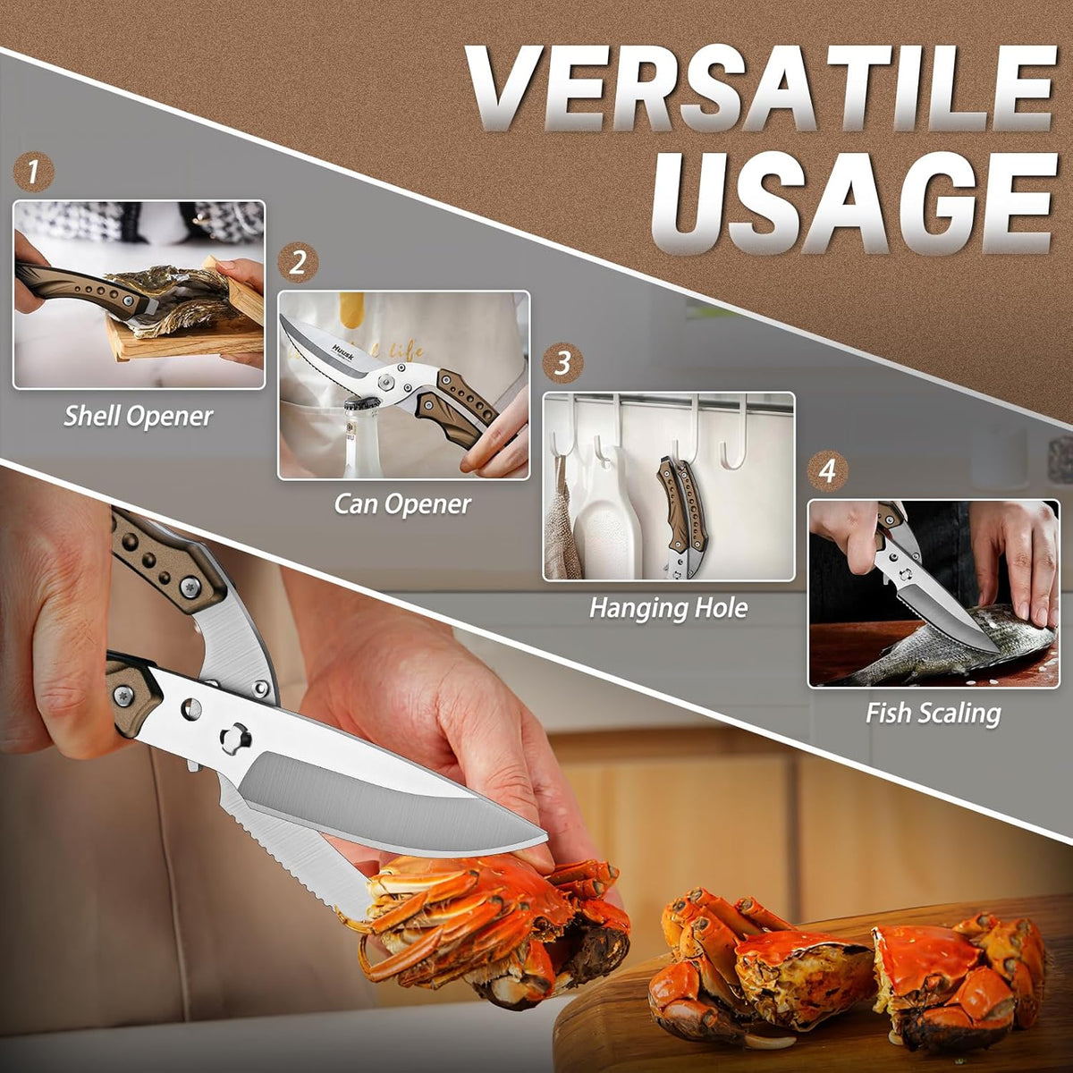 Huusk Kitchen Scissor for Food Detachable Heavy Duty Poultry Shear - Bronze | Ergonomic, Serrated Edge Scalping Fish, Multi-purpose for Cutting Meat, Chicken, Fish & Vegetables