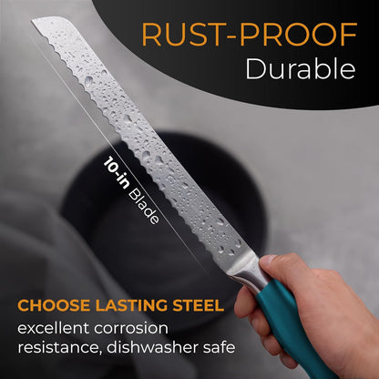 Serrated Bread Knife with 10-inch Upgraded Stainless Steel Razor Sharp Wavy Edge Width - Bread Cutter Ideal for Slicing Homemade Bagels and Cake
