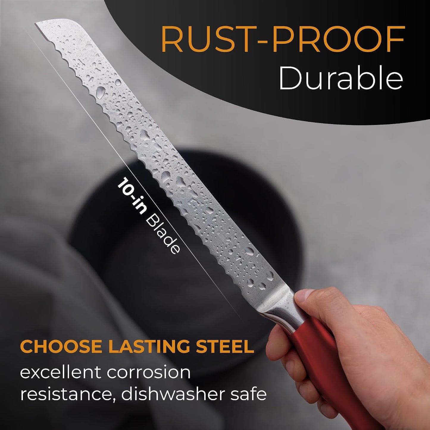Serrated Bread Knife with 10-inch Upgraded Stainless Steel Razor Sharp Wavy Edge Width - Bread Cutter Ideal for Slicing Homemade Bagels and Cake