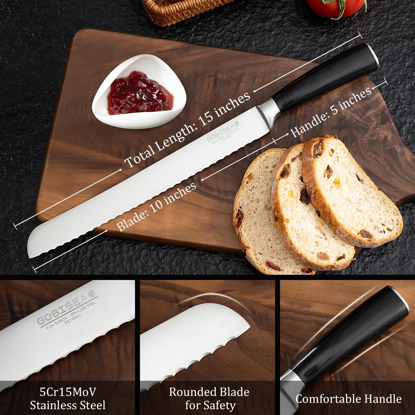 10-Inch Serrated Bread Knife for Homemade Bread, Sourdough Bread Knife with Wide Wavy Edge for Slicing Toast, Baguette, Bagels, Cake