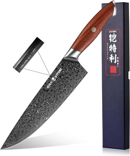Kiritsuke Chef`s Kitchen Knife 8.5'', Japanese Style Blade with 10Cr15CoMoV super steel cutting core, Full Tang Sandalwood Handle, w/t Gift Box