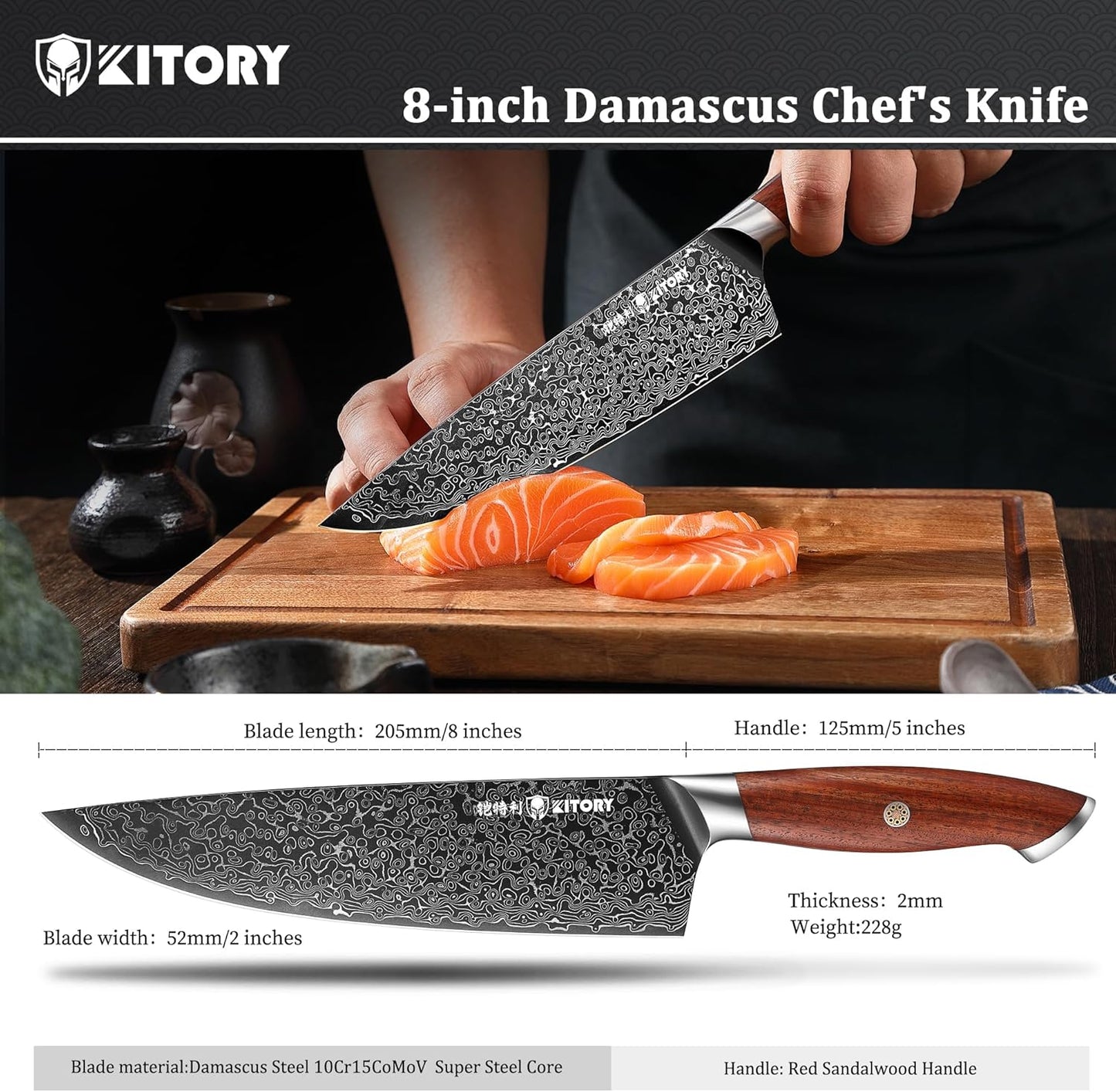 Kiritsuke Chef`s Kitchen Knife 8.5'', Japanese Style Blade with 10Cr15CoMoV super steel cutting core, Full Tang Sandalwood Handle, w/t Gift Box