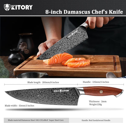 Kiritsuke Chef`s Kitchen Knife 8.5'', Japanese Style Blade with 10Cr15CoMoV super steel cutting core, Full Tang Sandalwood Handle, w/t Gift Box
