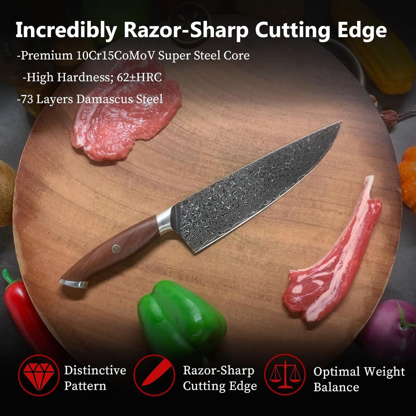 Kiritsuke Chef`s Kitchen Knife 8.5'', Japanese Style Blade with 10Cr15CoMoV super steel cutting core, Full Tang Sandalwood Handle, w/t Gift Box