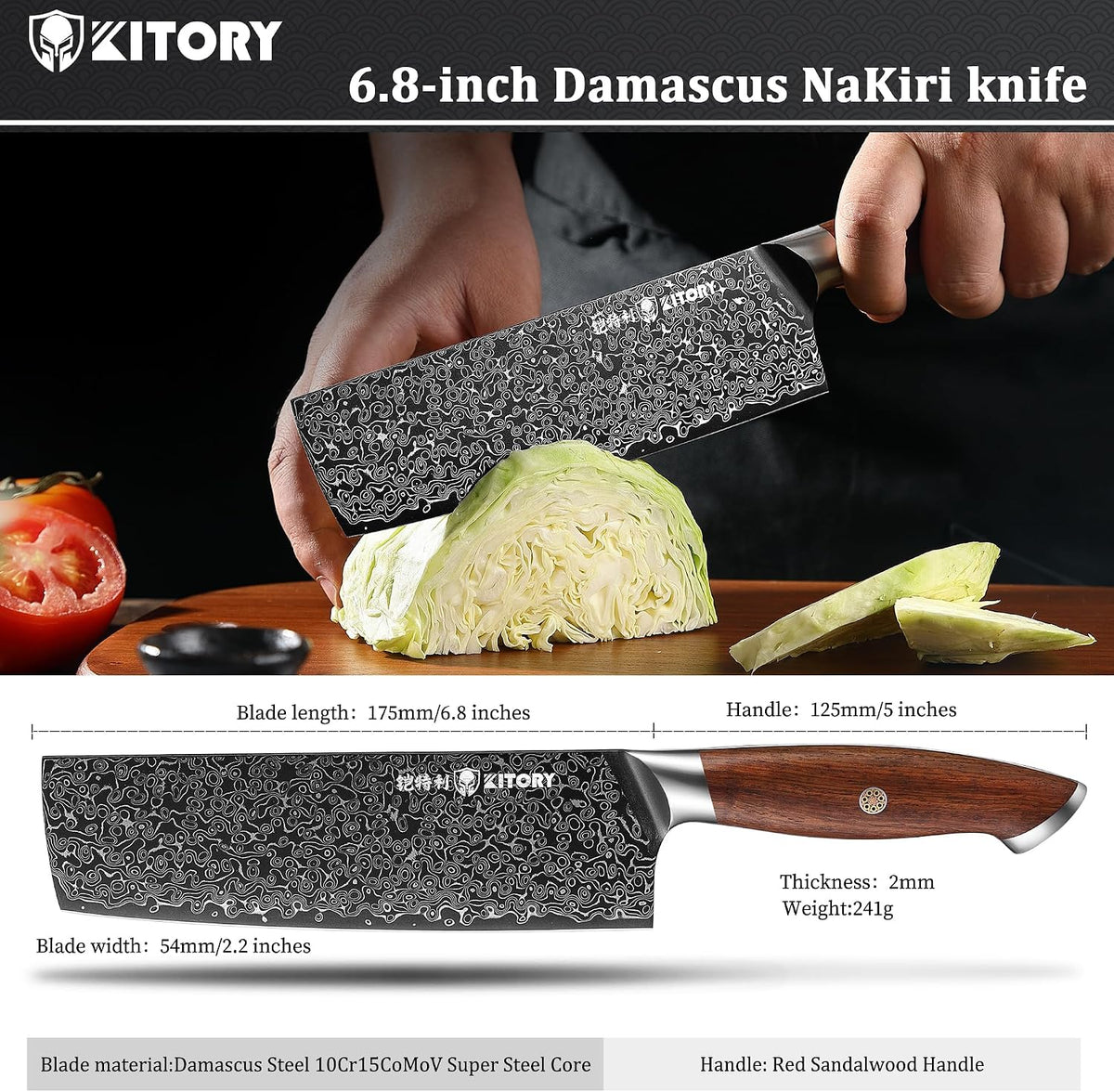 Kiritsuke Chef`s Kitchen Knife 8.5'', Japanese Style Blade with 10Cr15CoMoV super steel cutting core, Full Tang Sandalwood Handle, w/t Gift Box
