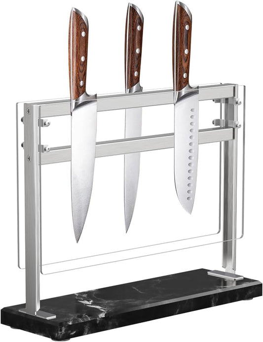 Magnetic Knife Block with Acrylic Shield - Marble Based Double Side Magnetic Knife Stand - Kitchen Magnetic Knife Holder - Knife Storage - Knife Holders for Counter Top - Black