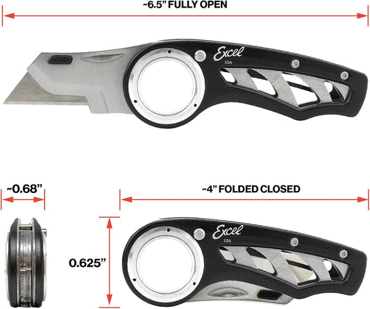 Revo Folding Utility Knife – Heavy-Duty Box Cutter with Aluminum Body, Quick-Change #92 Blades, 3 Lock Positions Design, Anti-Slip Finger Loop Grip, Holster Included – Black