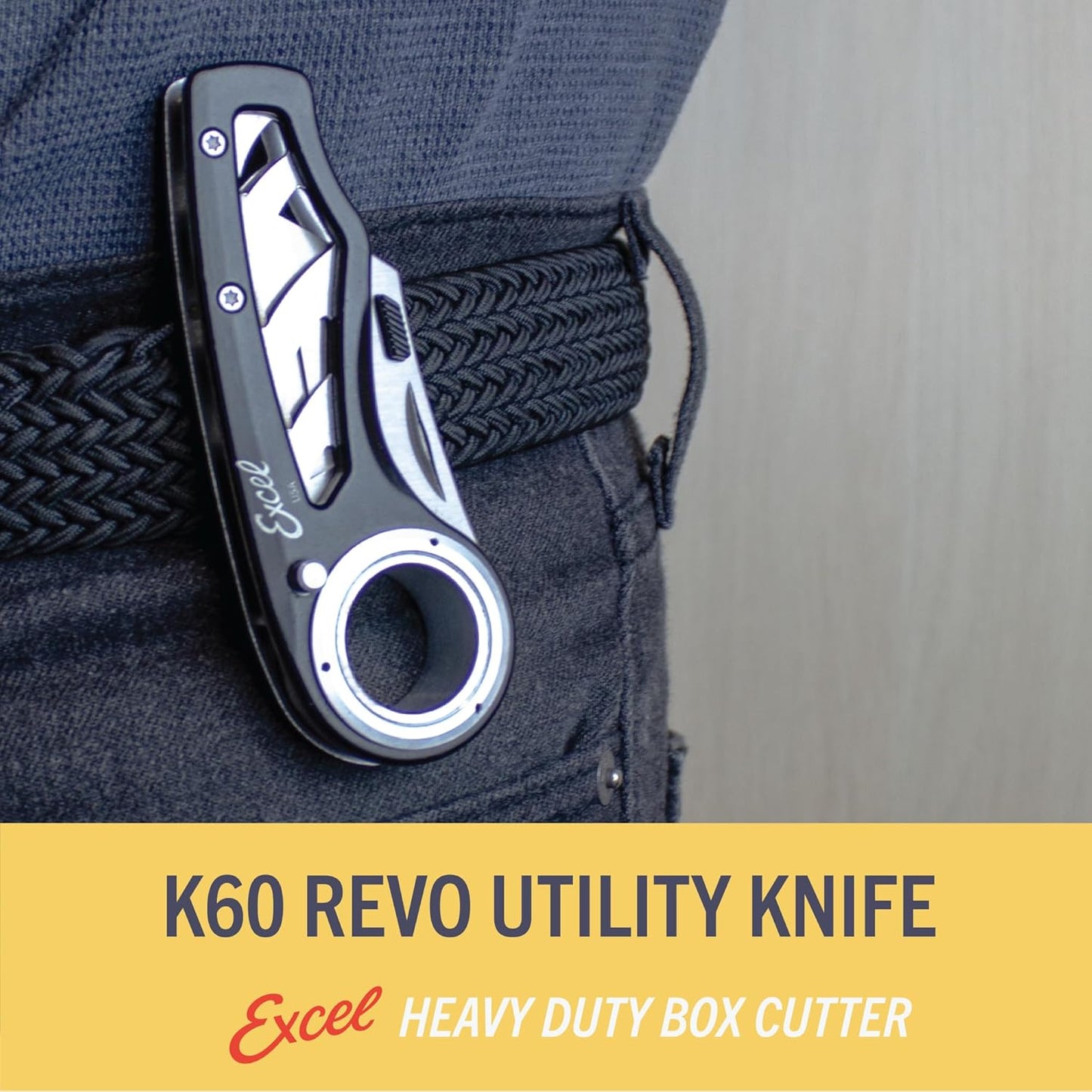 Revo Folding Utility Knife – Heavy-Duty Box Cutter with Aluminum Body, Quick-Change #92 Blades, 3 Lock Positions Design, Anti-Slip Finger Loop Grip, Holster Included – Black