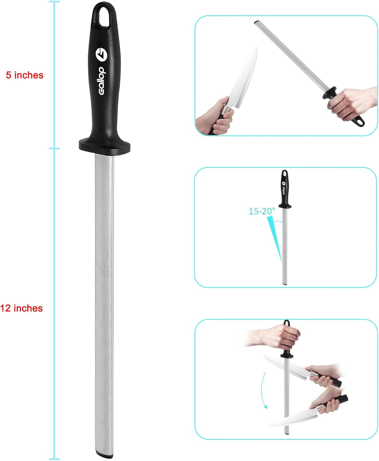 Diamond Honing Steel -12 In Knife Sharpener Rod,For Sharpening Kitchen Knife, Cooking Knives, Butcher's Knives, Home Gourmet Blades, Garden Tools Sharpening Stick