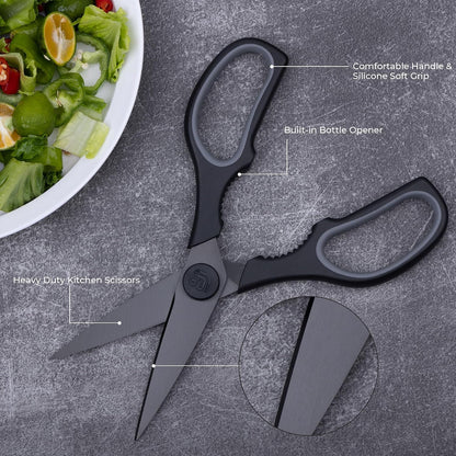 Kitchen Scissors All Purpose Kitchen Shears with Magnetic Holder, Soft Grip Handle Cooking Scissors Dishwasher Safe with Come Apart Blade Heavy Duty Scissors for Meat, Vegetable, Herb, Black