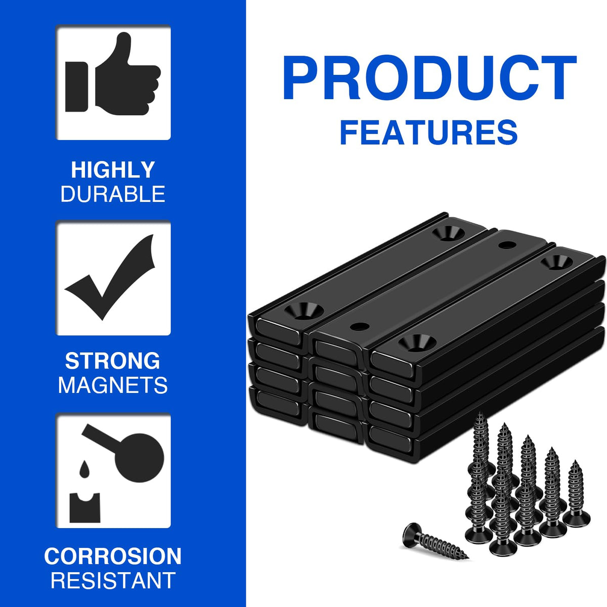 12 Pack Neodymium Bar Magnets 70LB Strong Rare Earth Mounting Magnet | Heavy Duty Rectangular Magnet with Countersunk Hole and Steel Capsule Magnets Strips for Home Garage 2.36x0.53x0.2in