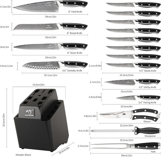 18 Pieces Damascus Kitchen Knife Set, 8 Piece Steak Knives, Non-slip ABS Ergonomic Triple Rivet Handle for Meat Fork, Knife Sharpener and Shears, 17 Slots Wooden Knife Block