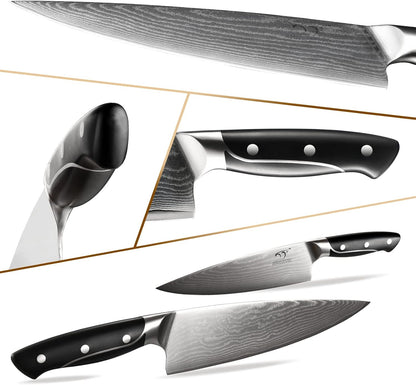18 Pieces Damascus Kitchen Knife Set, 8 Piece Steak Knives, Non-slip ABS Ergonomic Triple Rivet Handle for Meat Fork, Knife Sharpener and Shears, 17 Slots Wooden Knife Block