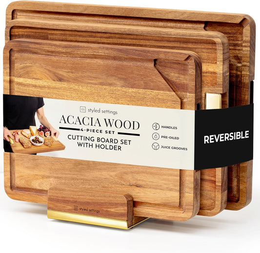 Wooden Cutting Board Set with Holder, 4-Piece, Gold | Built-in Groove, Gold Handle, Double Sided, Cutting Board Set with Stand, Reversible Charcuterie Tray, Stylish Kitchen Gift
