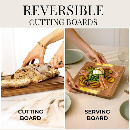 Wooden Cutting Board Set with Holder, 4-Piece, Gold | Built-in Groove, Gold Handle, Double Sided, Cutting Board Set with Stand, Reversible Charcuterie Tray, Stylish Kitchen Gift