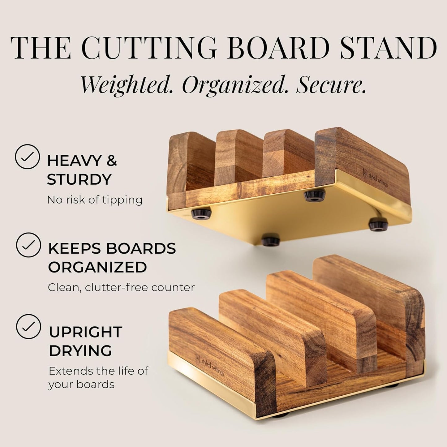 Wooden Cutting Board Set with Holder, 4-Piece, Gold | Built-in Groove, Gold Handle, Double Sided, Cutting Board Set with Stand, Reversible Charcuterie Tray, Stylish Kitchen Gift