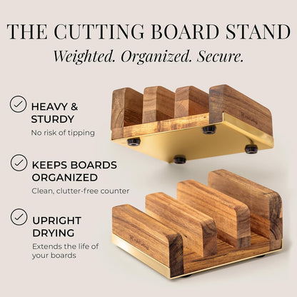 Wooden Cutting Board Set with Holder, 4-Piece, Gold | Built-in Groove, Gold Handle, Double Sided, Cutting Board Set with Stand, Reversible Charcuterie Tray, Stylish Kitchen Gift