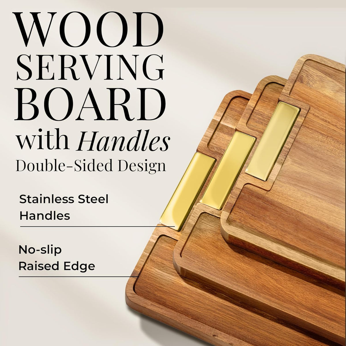 Wooden Cutting Board Set with Holder, 4-Piece, Gold | Built-in Groove, Gold Handle, Double Sided, Cutting Board Set with Stand, Reversible Charcuterie Tray, Stylish Kitchen Gift