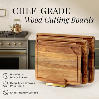 Wooden Cutting Board Set with Holder, 4-Piece, Gold | Built-in Groove, Gold Handle, Double Sided, Cutting Board Set with Stand, Reversible Charcuterie Tray, Stylish Kitchen Gift