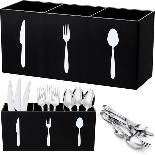 Acrylic Cutlery Storage Organizer Bin Silverware Caddy Countertop Knife Spoon and Fork Holder Kitchen 3 Section Tableware Storage Box for Cabinet Indoor Home Flatware Dining Room (Black,M)