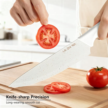 13 Piece Knife Set，Kitchen Knife Block Set，White stainless steel knife set with sharpener for Chopping, Slicing, Dicing & Cutting，Dishwasher safe