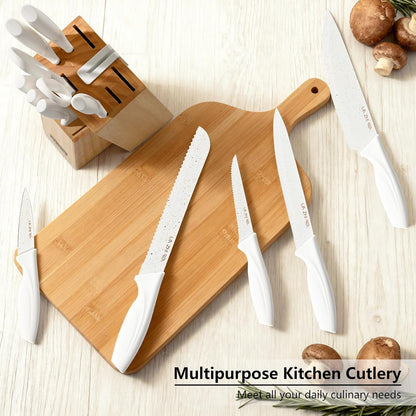 13 Piece Knife Set，Kitchen Knife Block Set，White stainless steel knife set with sharpener for Chopping, Slicing, Dicing & Cutting，Dishwasher safe
