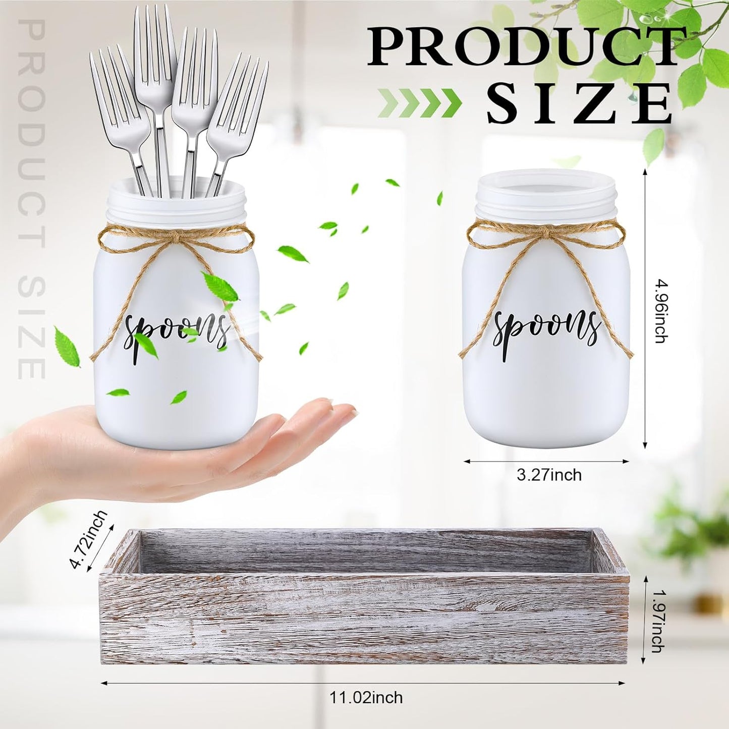 4 Pcs Silverware Utensil Holder Mason Jar with Wooden Utensil Organizer for Kitchen Countertop Forks Spoons Knives Storage White Farmhouse Kitchen Caddy Glass Cooking Decor for Party