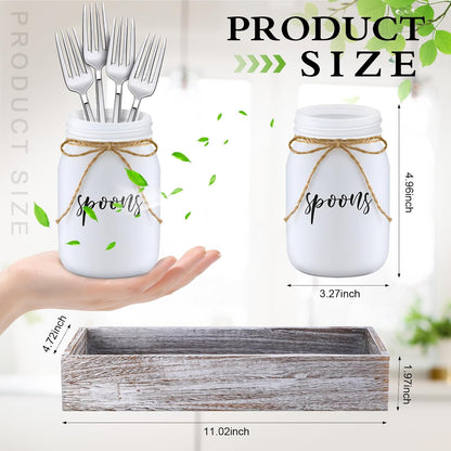 4 Pcs Silverware Utensil Holder Mason Jar with Wooden Utensil Organizer for Kitchen Countertop Forks Spoons Knives Storage White Farmhouse Kitchen Caddy Glass Cooking Decor for Party