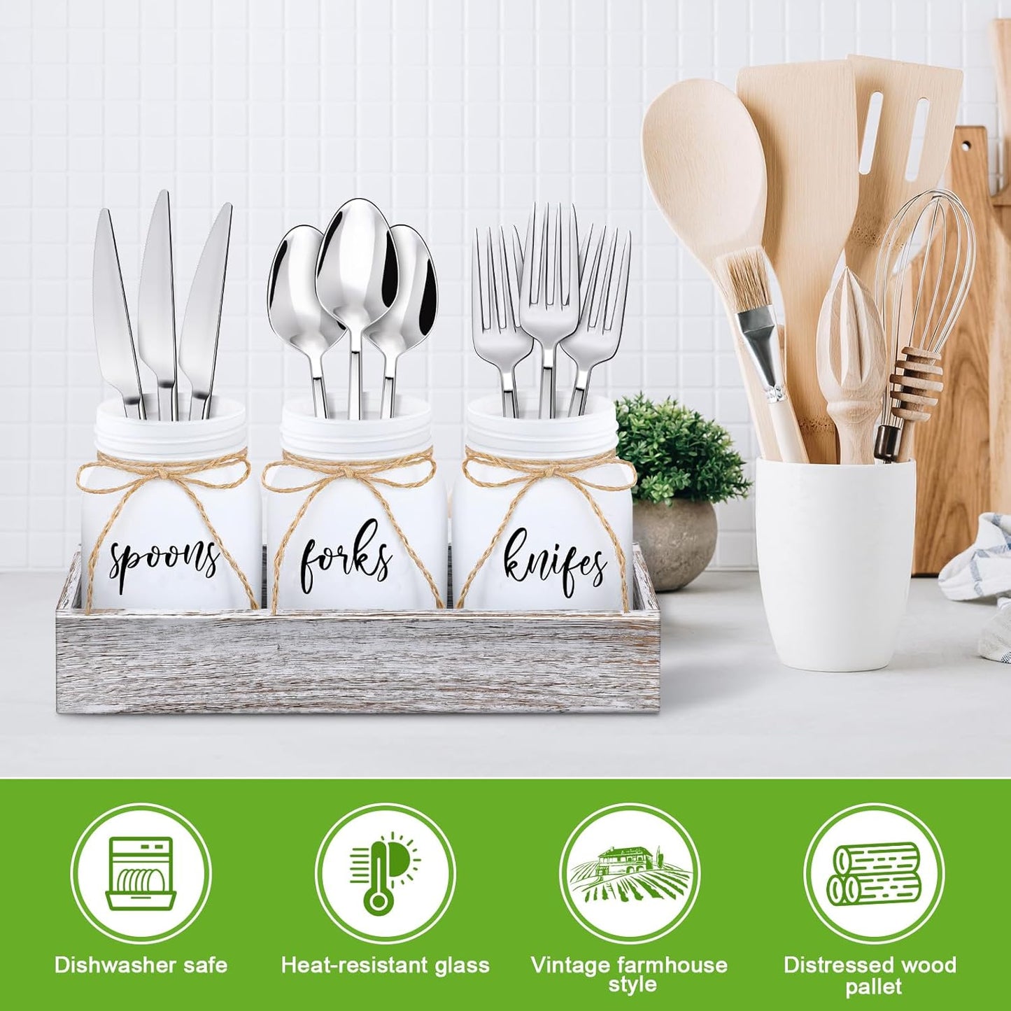 4 Pcs Silverware Utensil Holder Mason Jar with Wooden Utensil Organizer for Kitchen Countertop Forks Spoons Knives Storage White Farmhouse Kitchen Caddy Glass Cooking Decor for Party