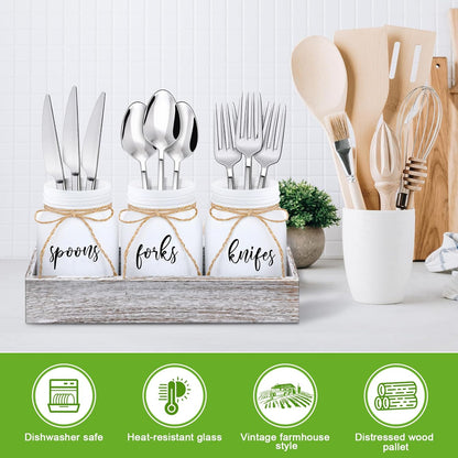 4 Pcs Silverware Utensil Holder Mason Jar with Wooden Utensil Organizer for Kitchen Countertop Forks Spoons Knives Storage White Farmhouse Kitchen Caddy Glass Cooking Decor for Party