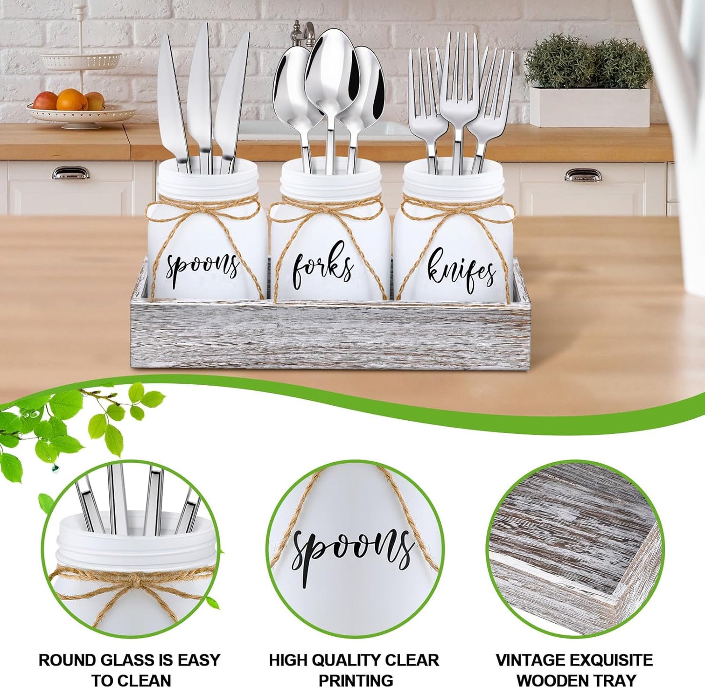 4 Pcs Silverware Utensil Holder Mason Jar with Wooden Utensil Organizer for Kitchen Countertop Forks Spoons Knives Storage White Farmhouse Kitchen Caddy Glass Cooking Decor for Party