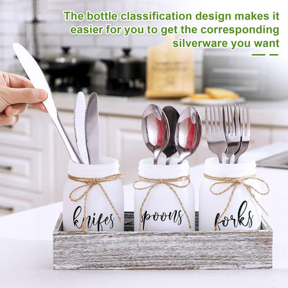 4 Pcs Silverware Utensil Holder Mason Jar with Wooden Utensil Organizer for Kitchen Countertop Forks Spoons Knives Storage White Farmhouse Kitchen Caddy Glass Cooking Decor for Party