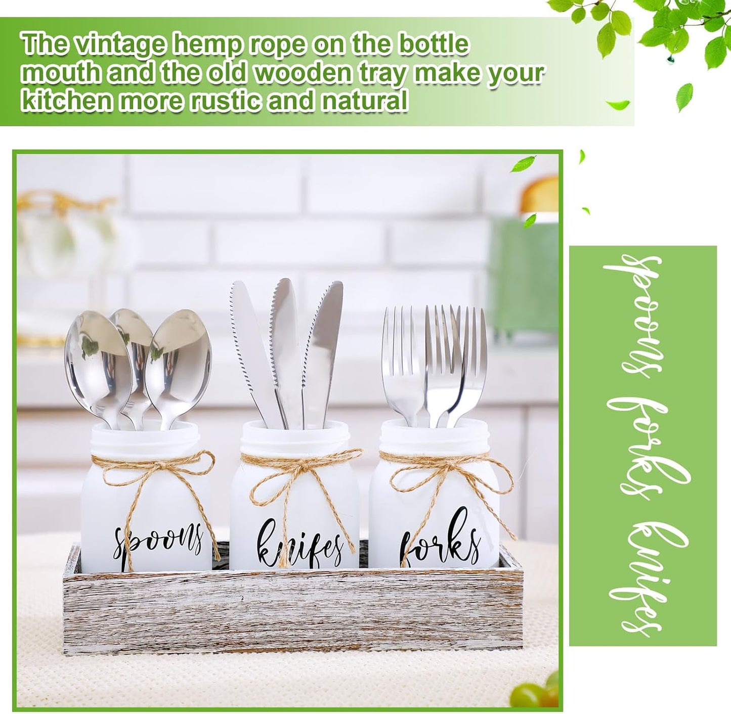 4 Pcs Silverware Utensil Holder Mason Jar with Wooden Utensil Organizer for Kitchen Countertop Forks Spoons Knives Storage White Farmhouse Kitchen Caddy Glass Cooking Decor for Party