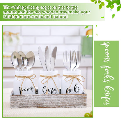 4 Pcs Silverware Utensil Holder Mason Jar with Wooden Utensil Organizer for Kitchen Countertop Forks Spoons Knives Storage White Farmhouse Kitchen Caddy Glass Cooking Decor for Party