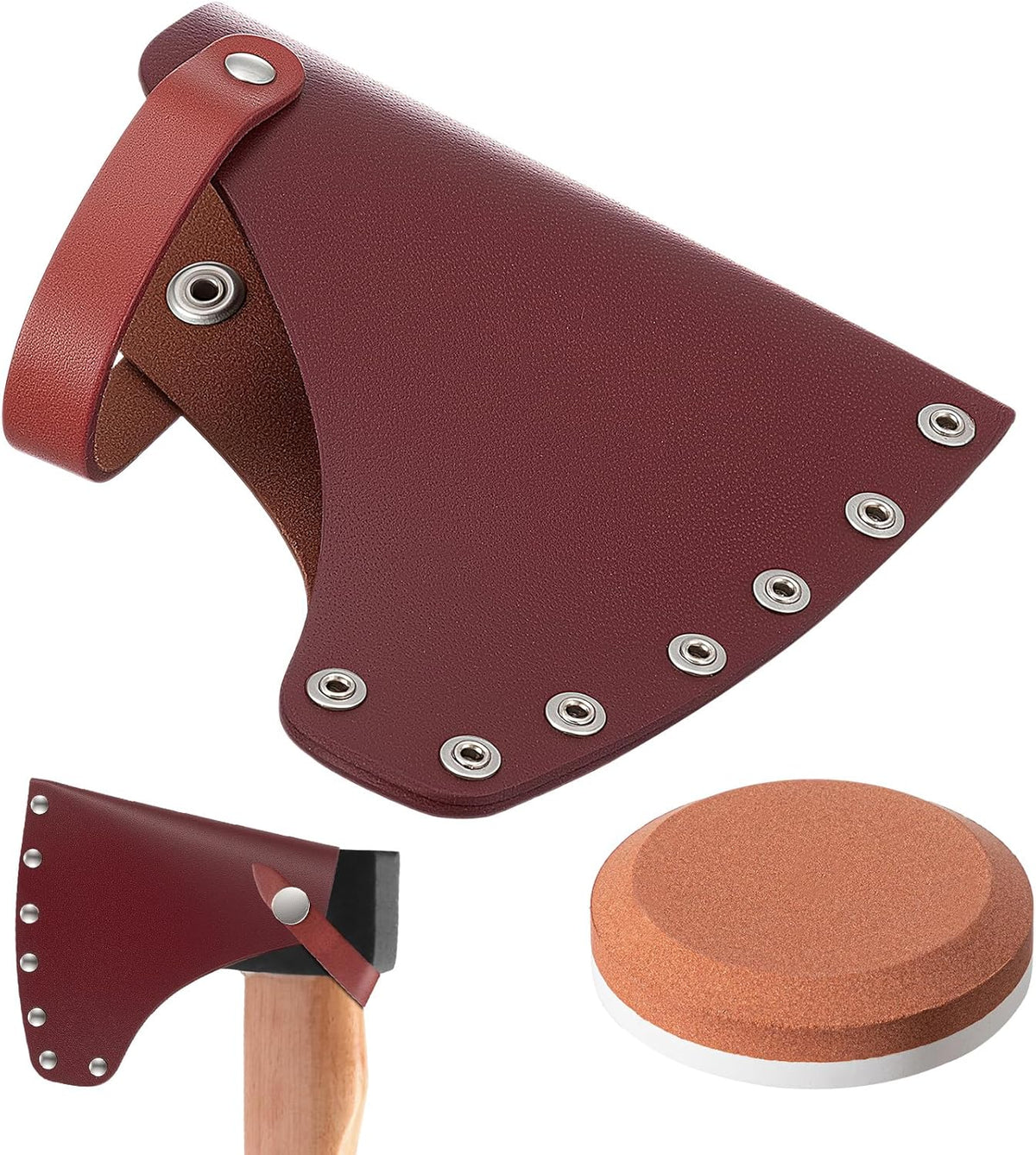 1 Pcs Leather Axe Sheath & 1 Pcs Double-Sided Sharpening Stone (180/320 Grit) – Protector Tool Hatchet Sheath for Outdoor Camping, Effective Blade Protection & Axe Cover