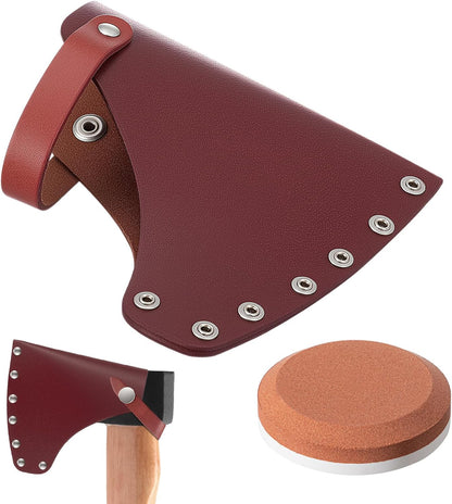 1 Pcs Leather Axe Sheath & 1 Pcs Double-Sided Sharpening Stone (180/320 Grit) – Protector Tool Hatchet Sheath for Outdoor Camping, Effective Blade Protection & Axe Cover