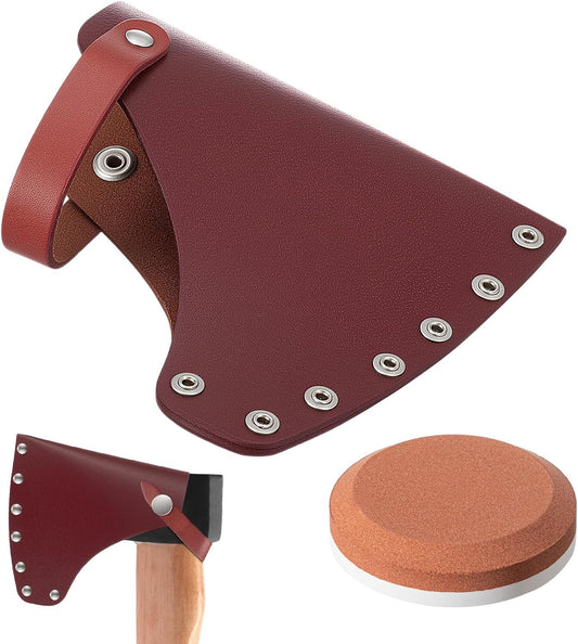1 Pcs Leather Axe Sheath & 1 Pcs Double-Sided Sharpening Stone (180/320 Grit) – Protector Tool Hatchet Sheath for Outdoor Camping, Effective Blade Protection & Axe Cover