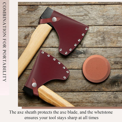 1 Pcs Leather Axe Sheath & 1 Pcs Double-Sided Sharpening Stone (180/320 Grit) – Protector Tool Hatchet Sheath for Outdoor Camping, Effective Blade Protection & Axe Cover