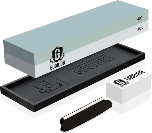Premium Knife Sharpening Stone Kit with Angle Guide & Flattening Stone | Dual Grit 400/1000 Whetstone Knife Sharpener Set, Non-Slip Silicone Base Water Stones for Kitchen Knives