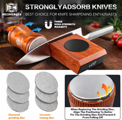 Rolling Knife Sharpener Kit with Diamond & Ceramic Discs, Magnetic Angle Guide 15° 20°, Professional Kitchen Knife Sharpener System, Manual Knife Sharpening Tool for Chef Knives Kitchen Gadgets