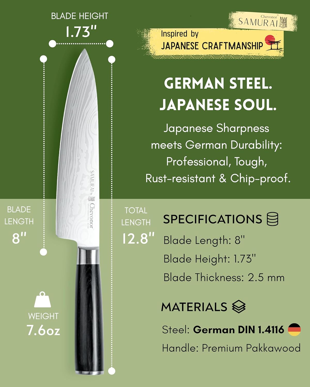 Samurai 8 Inch Gyuto Chef Knife, Ultra Sharp Japanese Style Kitchen Knife with Damascus Pattern - German Stainless Steel (DIN 1.4116), Professional Meat & Vegetable Slicer, Premium Gift Box