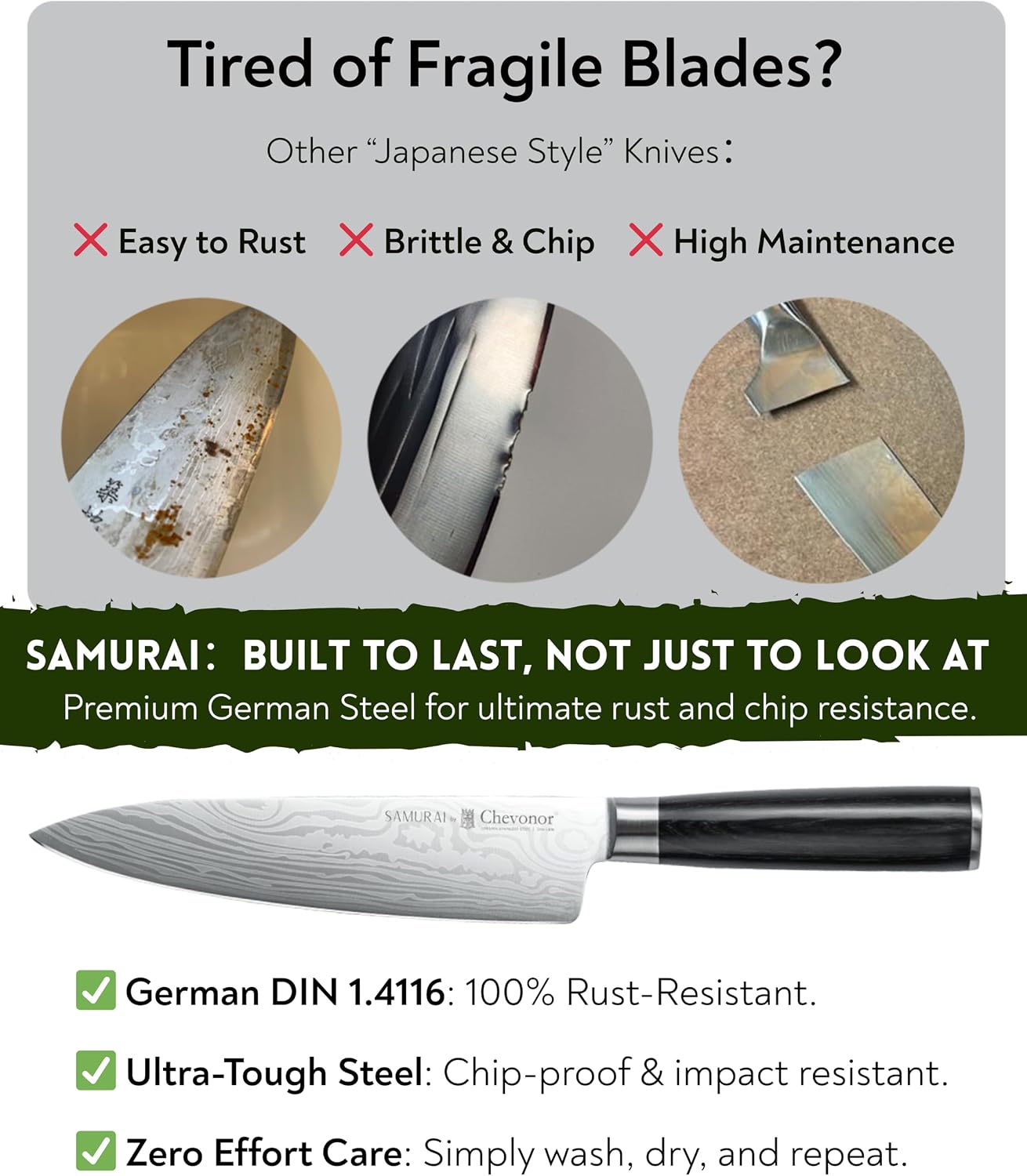 Samurai 8 Inch Gyuto Chef Knife, Ultra Sharp Japanese Style Kitchen Knife with Damascus Pattern - German Stainless Steel (DIN 1.4116), Professional Meat & Vegetable Slicer, Premium Gift Box